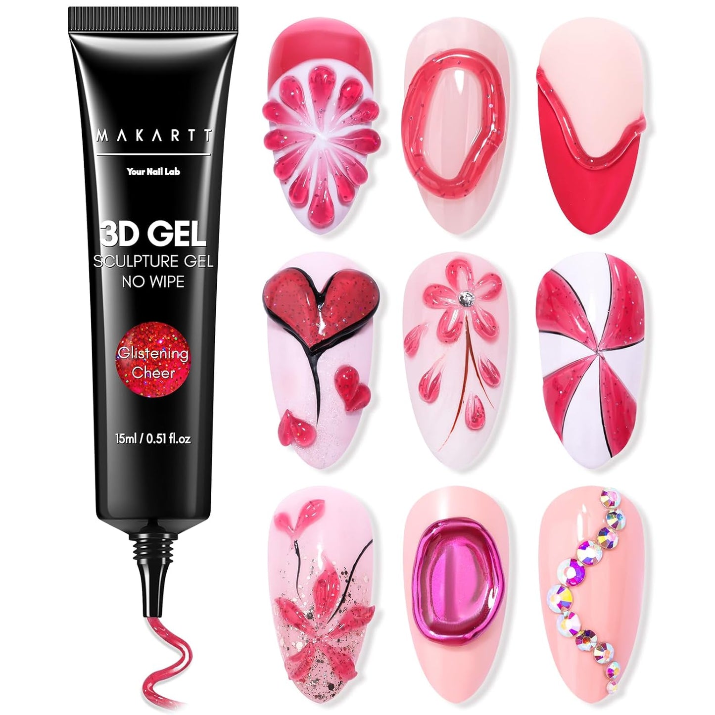 Makartt 3D Gel Nail Art: 3D Sculpting Gel for Nail Art Design 15ml 3 in 1 No Wipe Gel Polish for Drawing Carving Nails Gel, Molding Embossed Gels for Nail Decoration DIY Manicure - Glistening Cheer