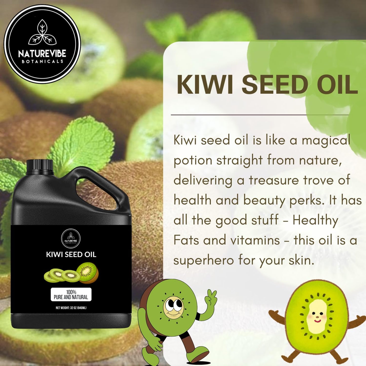 Naturevibe Botanicals Kiwi Oil 32 Ounces | 100% Pure and Natural | Great for Skin Care and Hair Care