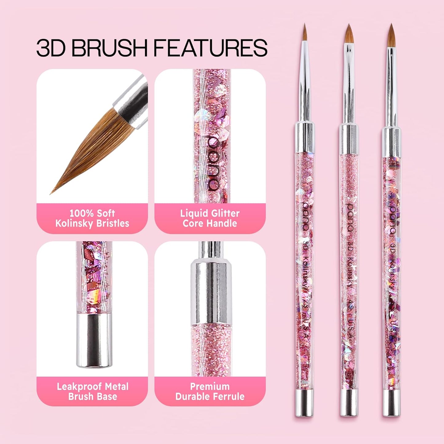 PANA 3D Kolinsky Nail Art Brush - Pink Glitter Handle, Size 2 - Acrylic Nail Art Sculpture Brush for Manicures Pedicure Salon Professional or Beginner