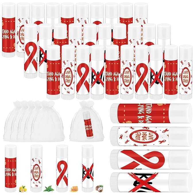 Fumete 50 Pcs Red Awareness Ribbon Lip Balm Bulks Red Ribbon Week Support Gift Red Ribbon Week Supplies Mental Health Awareness Items for Unisex Adults Volunteer Fundraising Charity Activity
