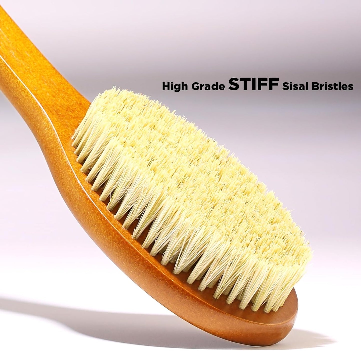 ICANdOIT-17.71Inch Natural Stiff Sisal Bristles Anti-Slip Curved Long Handle Bath Brush,Bent Handle Shower Scrubber for Exfoliating,Shower Back Brush