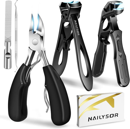 Toenail Clippers for Seniors for Thick Nails, 5Pcs Nail Clippers for Men Angled Head, Toe Nail Clippers Wide Jaw Opening with Catcher, Heavy Duty Ingrown Fingernail Clippers Long Handle for Women