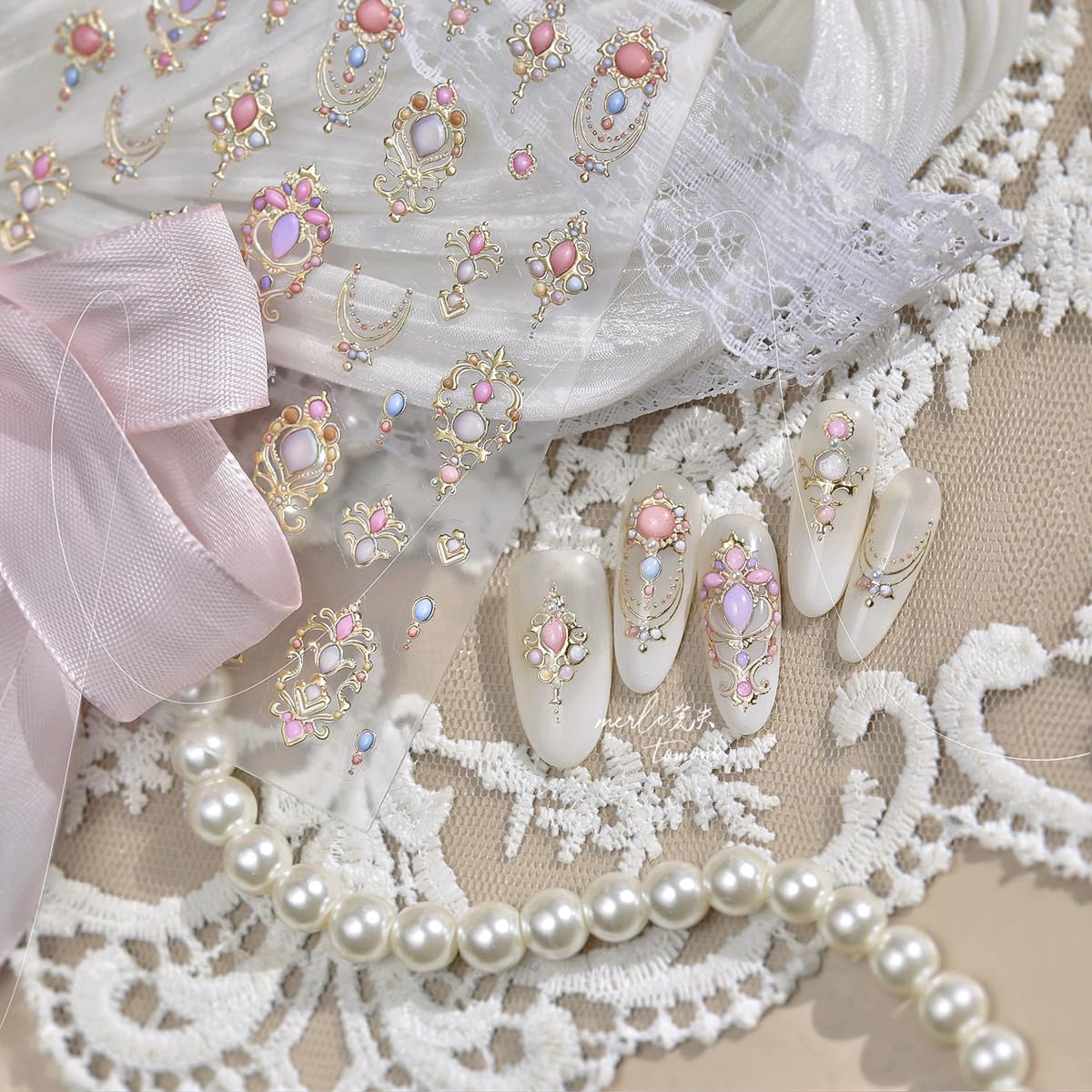 5D Embossed Retro Mirror Nail Stickers Metallic Retro Totem Nail Decals Vintage GEM Necklace Nail Stickers Self-adhsive Nail Decals Luxury Design for Women DIY Manicure Art Decorations 1 Sheet