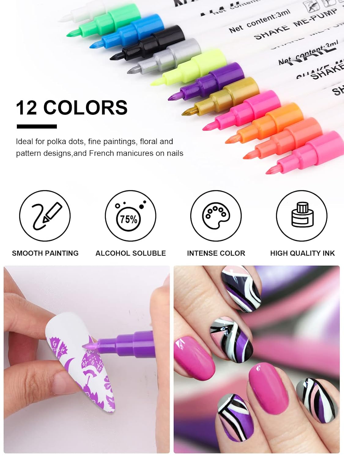 12 Color 3D Nail Art Pens Set, Kalolary Nail Point Graffiti Dotting Pen Drawing Painting Liner Brush for DIY Nail Art Beauty Adorn Manicure Tools