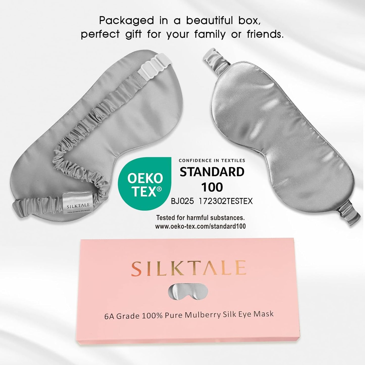 100% Mulberry Silk Eye Mask for Sleeping with Silk Wrapped Adjustable Strap,Silver Gray