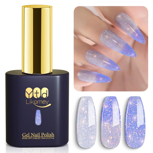 YTD Likomey Brocade Glitter Color Changing Gel Nail Polish,15ml Light Blue To Blue Shimmer Mood Temperature Change Colors Iridescent Flakes,Fall Winter Thermal Ombre UV Nail Gel,WB354