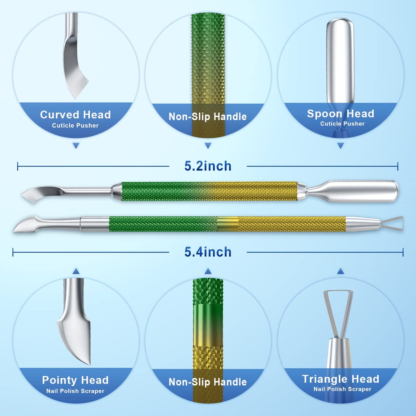 2PCS Metal Yellow-Green Gradient Cuticle Pusher and Cutter Remover Salon Quality Stainless Steel Gel Nail Polish Peeler Scraper Durable Manicure and Pedicure Cleaner Tool For Fingernail and Toenail