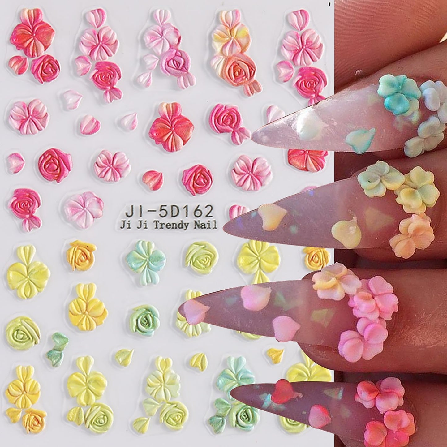 4 Sheets 5D Flower Nail Art Sticker Stereoscopic Floral Self-Adhesive Nails Stickers Blossom Nail Art Decals Holographic Flowers Decal for Women Pink Blue Red Manicure Stickers DIY Nails Supplies