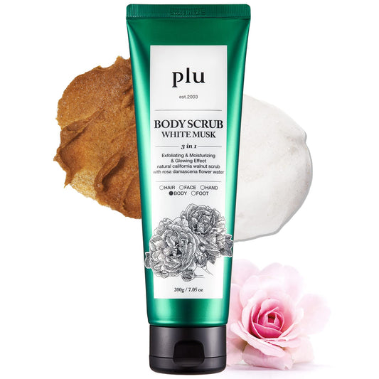 PLU Original Korean Walnut Body Scrub Polish - White Musk - Exfoliating & Moisturizing & Glow - for Acne, Cellulite, Stretch Marks, Spider Veins - Soft Musk Scent, 6.76 oz.