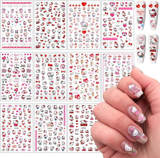 Valentines Nail Stickers Pink Cat Nail Art Stickers 3D Cat Self-Adhesive Nail Design Supply Heart Lover Romantic Cartoon Nail Decals for Women Girls DIY Manicure Decoration