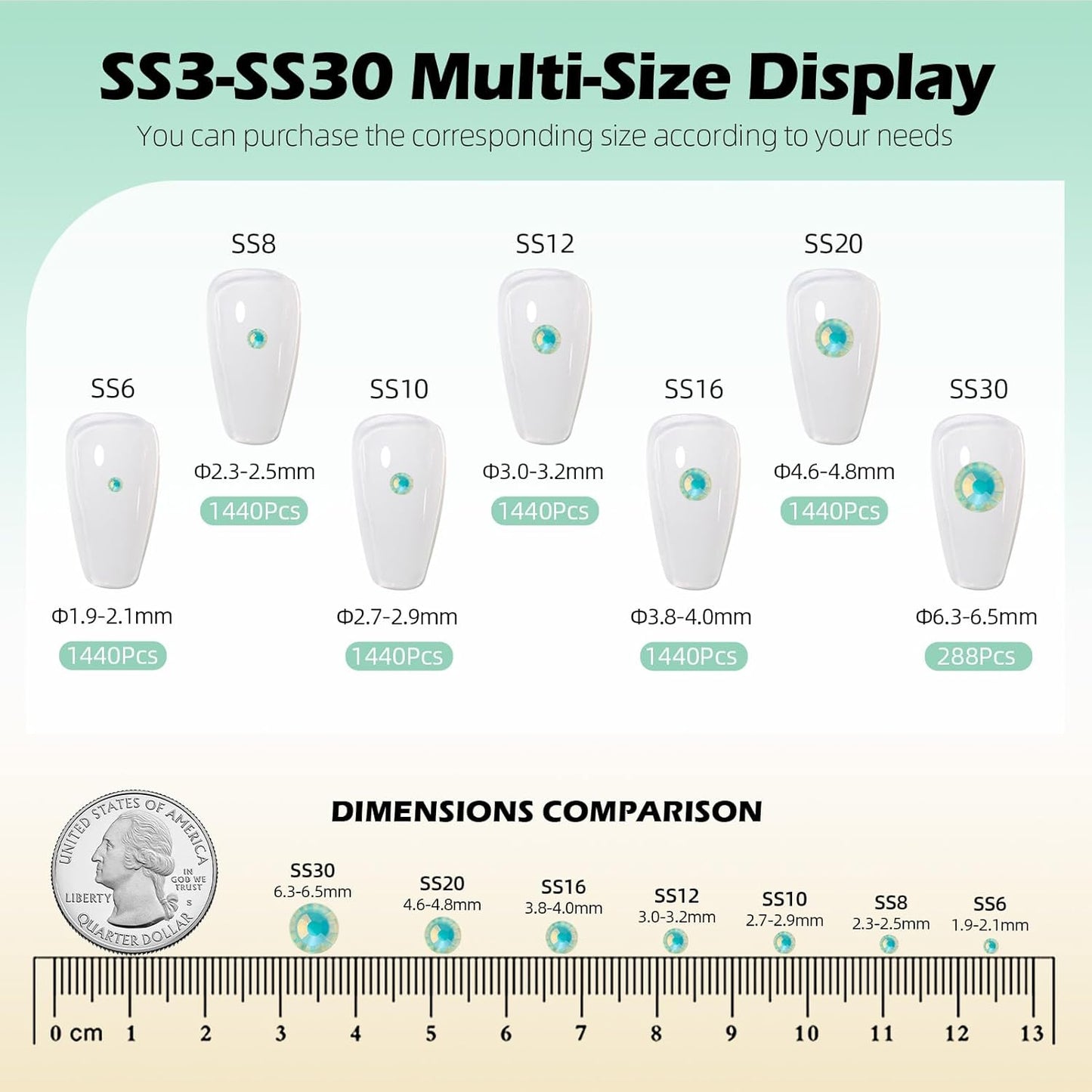 F Light Green Flatback Rhinestones, Glass Rhinestones for Nail Art and Craft, Glue Fix, Loose Crystal Gemstones(F Light Green, SS20, 1440pcs, 4.6-4.8mm)