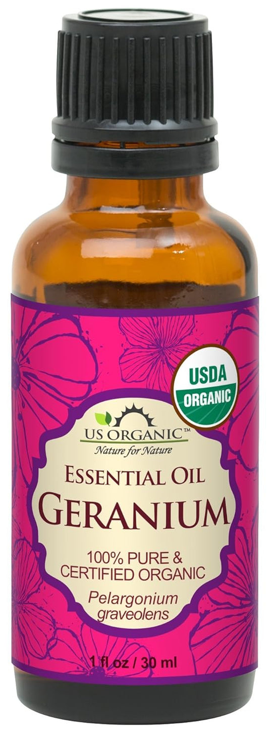 US Organic 100% Pure Geranium Essential Oil - USDA Certified Organic, Steam Distilled - W/Euro droppers (More Size Variations Available) (30 ml / 1 fl oz)