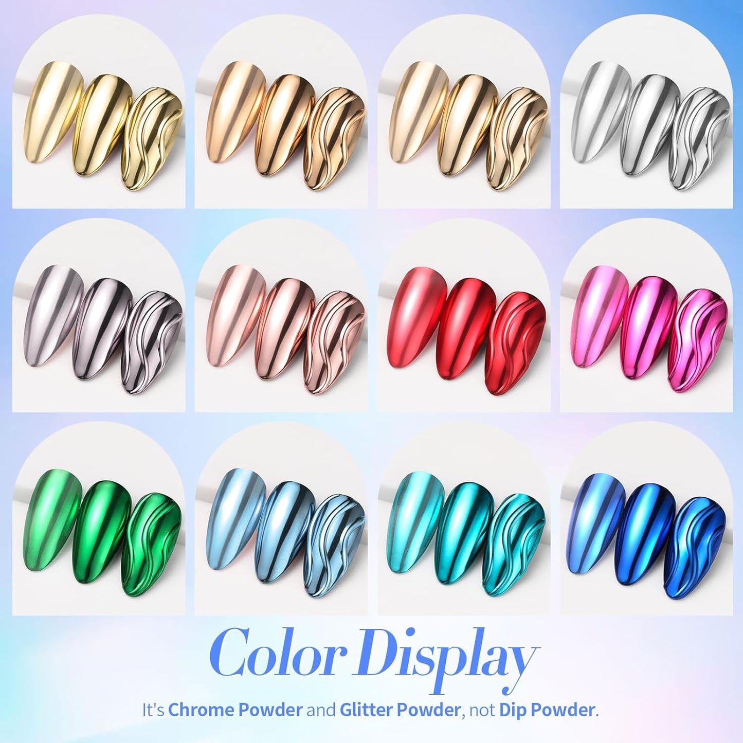 Born Pretty Mirror Chrome Nail Powder Set, 12 Colors Metallic Mirror Effect Nail Powder Gold Silver Rose Gold Red Blue Holographic Aurora Chameleon Pigment for Nail Art Gel Polish Decoration Sets