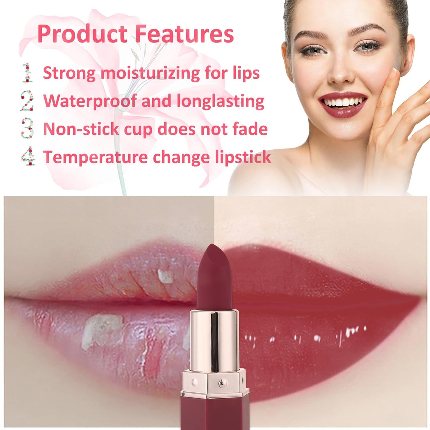 1 Pack Crystal Flower Jelly Lipstick,Magic Color Changing Lipstick,PH Clear Temperature Color Changing Lip Gloss,Lip Balm,Long Lasting Nourishing Moisturizing Lip Stick Set H05