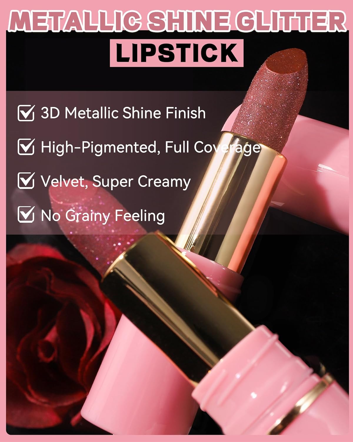 Glitter Metallic Rose Nude Shimmer Lipstick Long Lasting,Glitter Diamond Shine Red Lipstick Transfer Proof Non-Stick Lip Gloss Shimmer Highly Pigmented Full Coverage Lip Makeup for Women-05