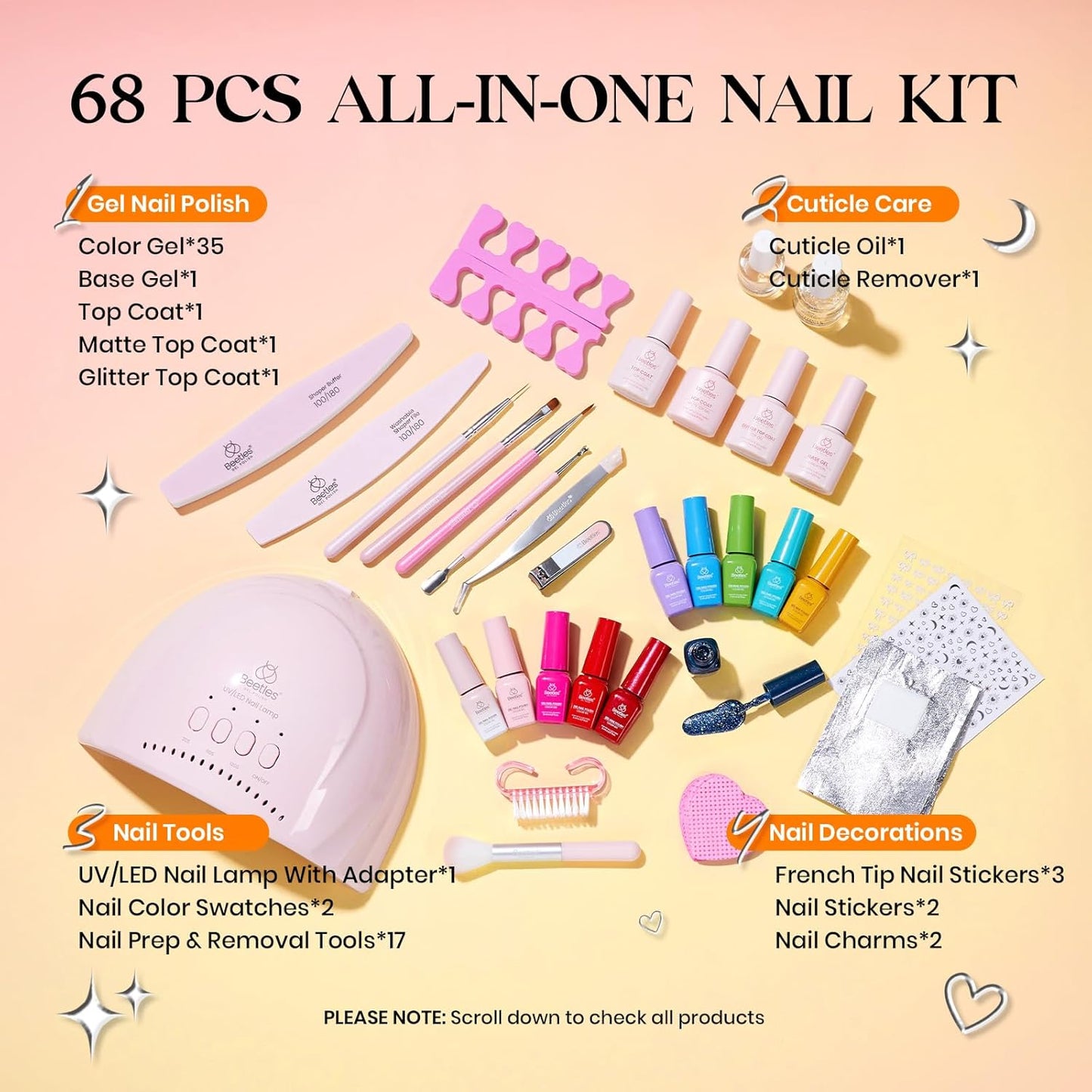 Beetles Gel Nail Polish Kit with U V Light - One Color One Bottle 35 Colors 68 Pcs Gel Polish Kit with Top Base Coat Beauty Must Have DIY Salon Set Seasonal Whispers Collection Gifts for Women Girls