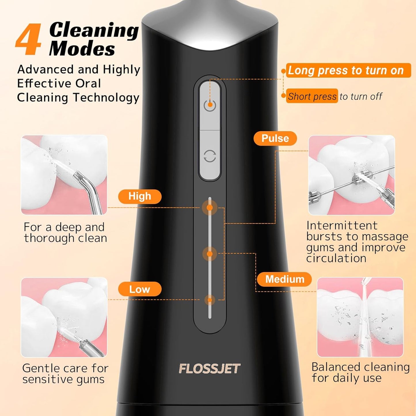 Water Dental Flosser Cordless Oral Irrigator with 300ml 5 Tips 4 Modes USBCharger Portable Travle Irrigation Cleaner IPX7 Electric Irrigador Dental for Teeth Cleaning (Black)