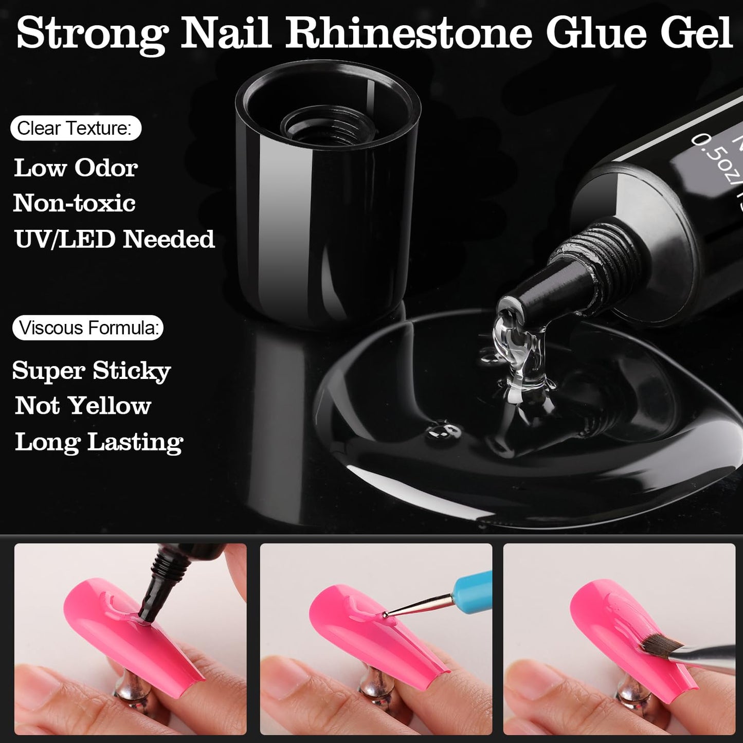 Rhinestones for Nails, Manicure Kit with Rhinestone Glue Gel, Multi Shapes Champagne Glass 3D Nail Charms + Flatback 2-5mm Round Beads & Gem Glue (UV/LED Needed) with Dotting Tools