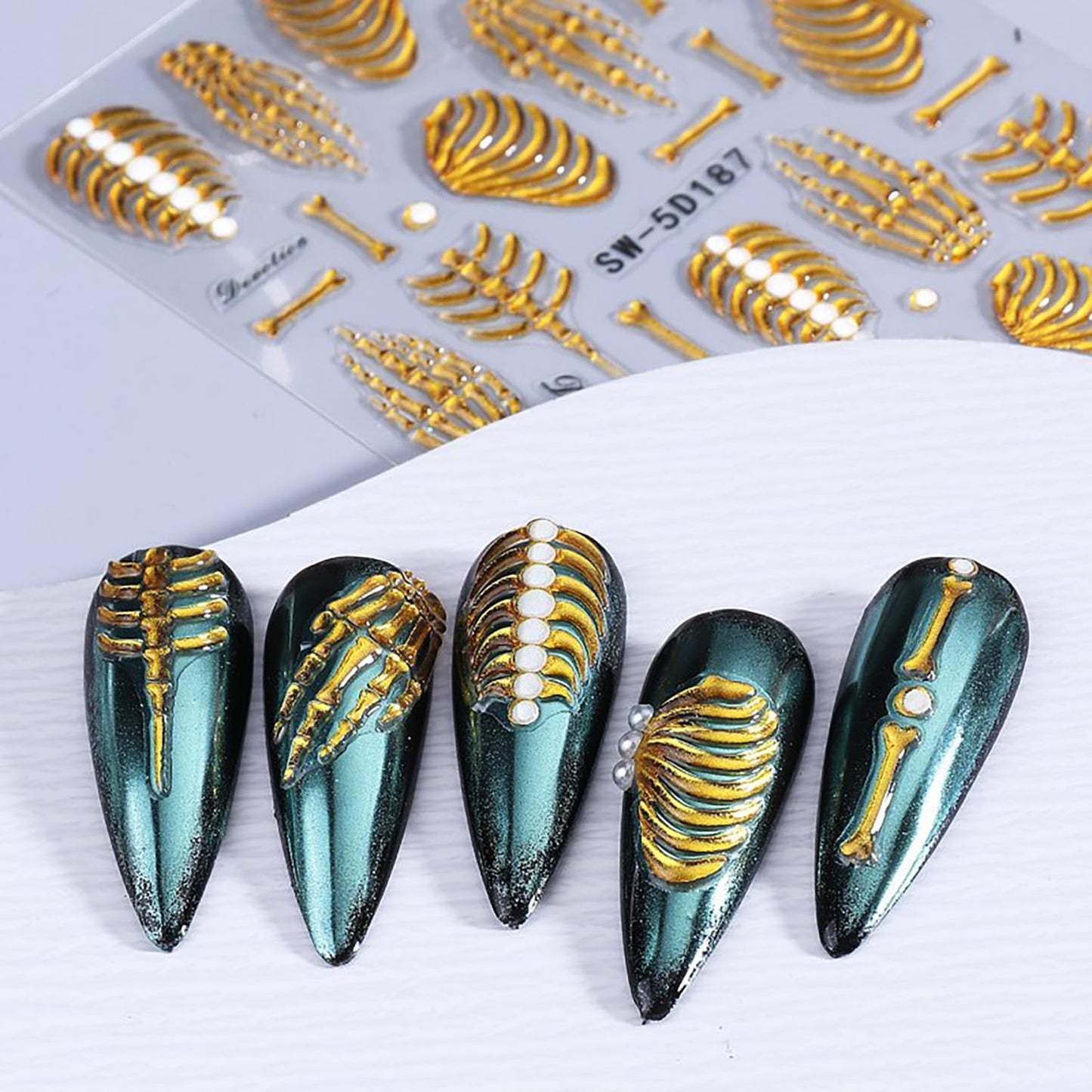 Halloween Nail Art Stickers 5D Relief Skeleton Hand Rose Flowers Nail Decals Self -Adhesive Gold Rose Gold White Nail Decals Holographic Halloween Nail Decoration for Women Manicure Supplies