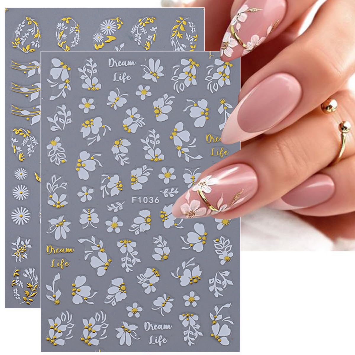 Gold Flowers Nail Stickers for Nail Art, 8Pcs Butterfly Daisy Leaves Design White Gold Nail Art Stickers 3D Self-Adhesive Nail Supplies Metal Petal Nail Decals for Women Nail Decorations Charms