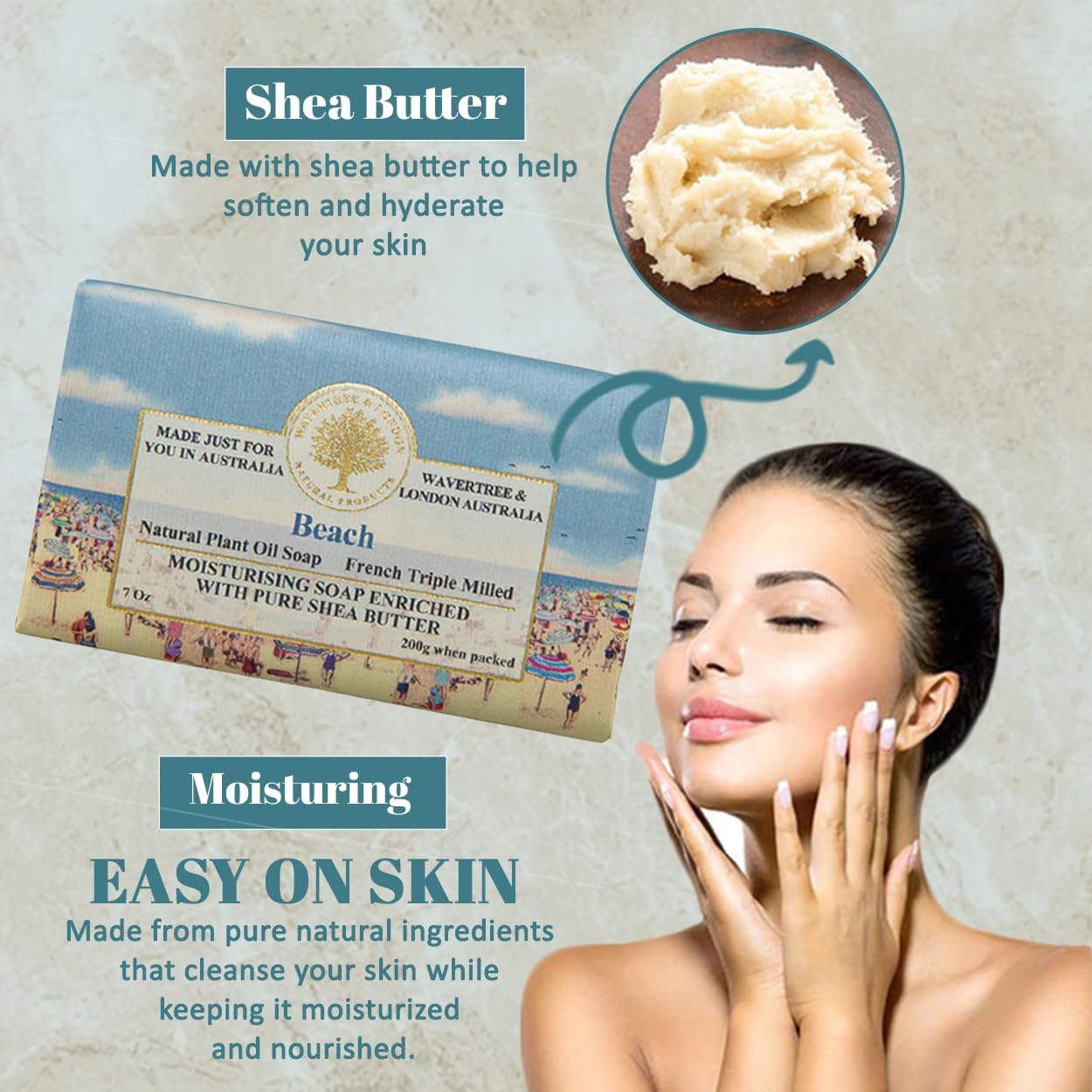 Wavertree & London Beach Scented Natural Soap Bar, 7oz Moisturizing French Triple Milled Soap Bar for Women & Men enriched with shea butter - Pure Bath & Body soap bar for All Skin Types