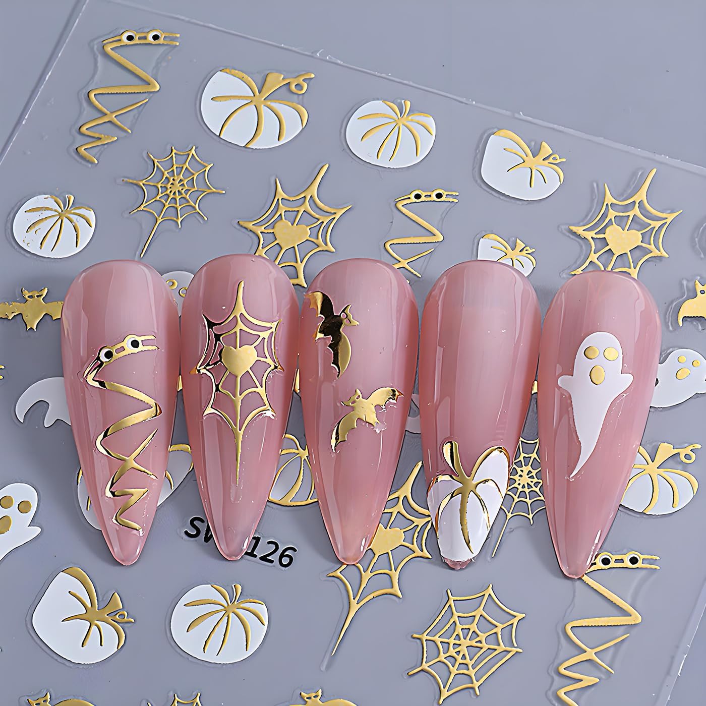 Halloween Nail Art Stickers, Glitter Pumpkin Ghost Nail Art Decals 3D Self-Adhesive Whit Gold Heart Spider Web Bat Black Leaf Nail Design 8Pcs Halloween Nail Art Supplies for Women Nail Decoration