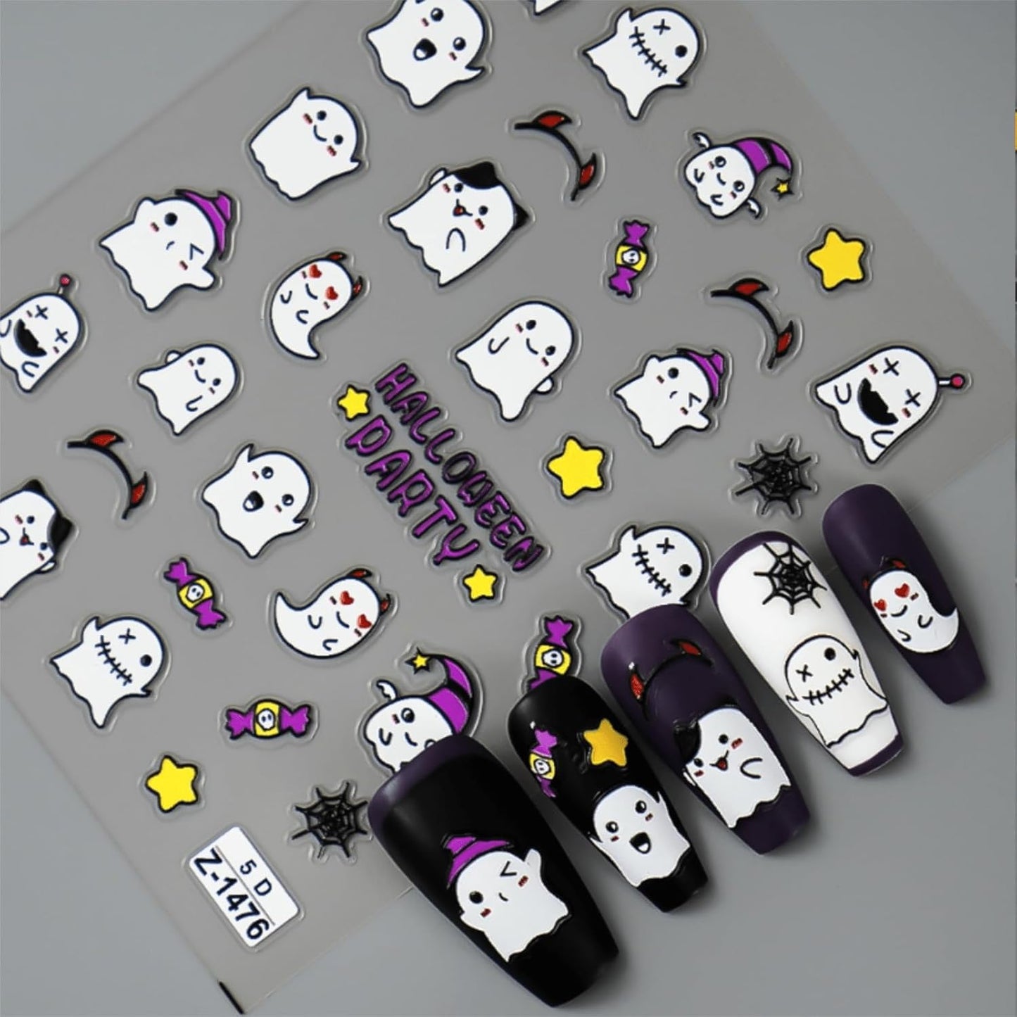 Halloween Nail Stickers for Nail Art 5D Embossed Self Adhesive Nail Decals Purple Cute Ghost Nail Art Stickers Halloween Nail Art Supplies Decoration for Women Girls