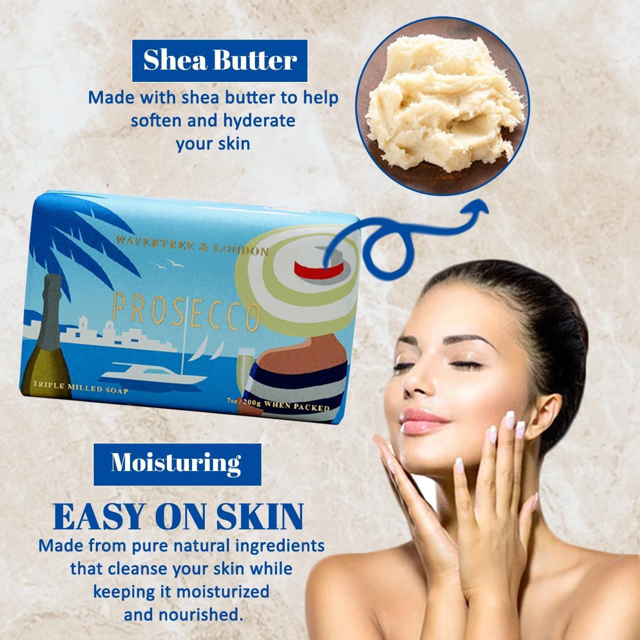 Wavertree & London Prosecco Scented Natural Soap Bar, 7oz Moisturizing French Triple Milled Soap Bar for Women & Men enriched with shea butter - Pure Bath & Body soap bar for All Skin Types