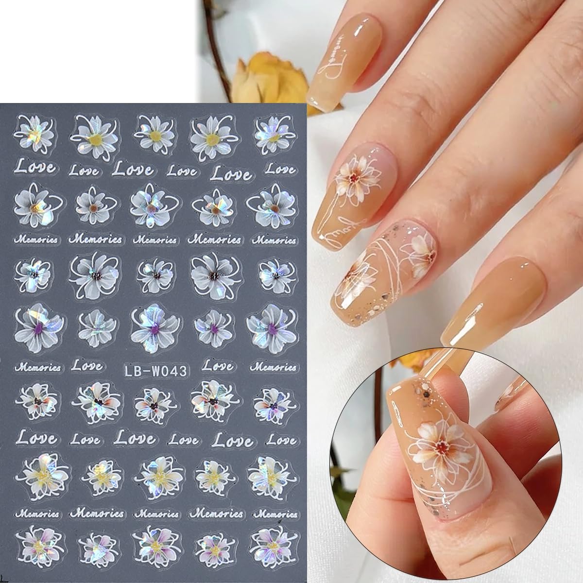 5D Embossed Spring Flower Nail Stickers, 4 Sheets Holographic Shiny Butterfly Nail Stickers, Cherry Blossom Nail Decals, Self-Adhesive Pegatinas para Uñas, Summer Floral Manicure Design