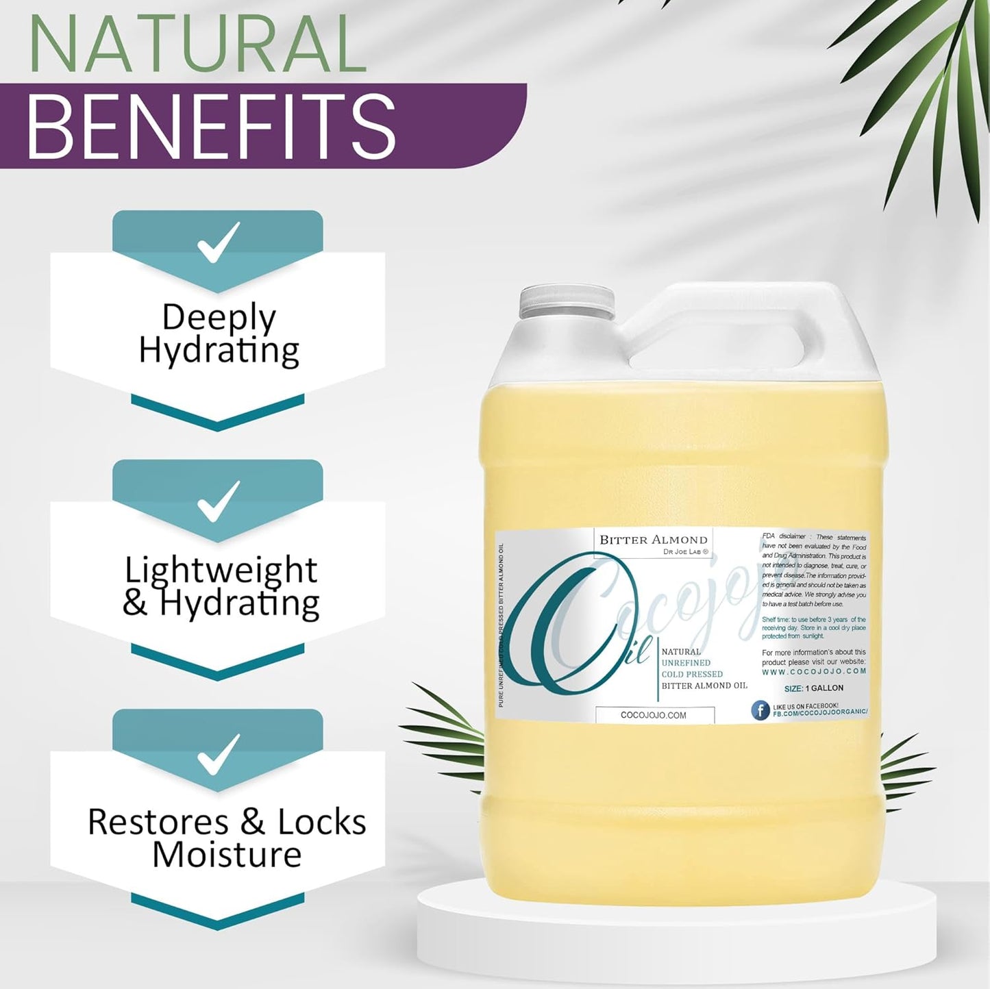 cocojojo Pure Bitter Almond Oil - Unrefined, Cold Pressed, Extra Virgin, All Natural - Perfect for Hair, Face, Skin, Nails (1 Gallon)