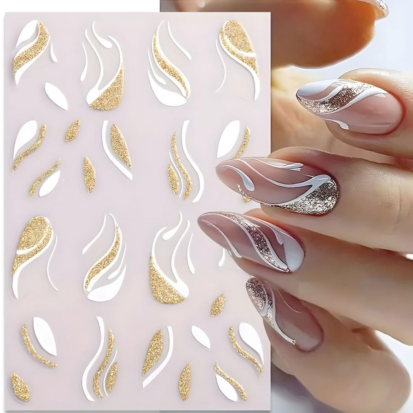 French Tips Nail Stickers for Nail Art, 8 Sheets Self-Adhesive Matte Gold & Silver Designs for Gel Polish and Almond Nails, French Tip Nail Stickers for Weddings Almond Nails Gel Polish