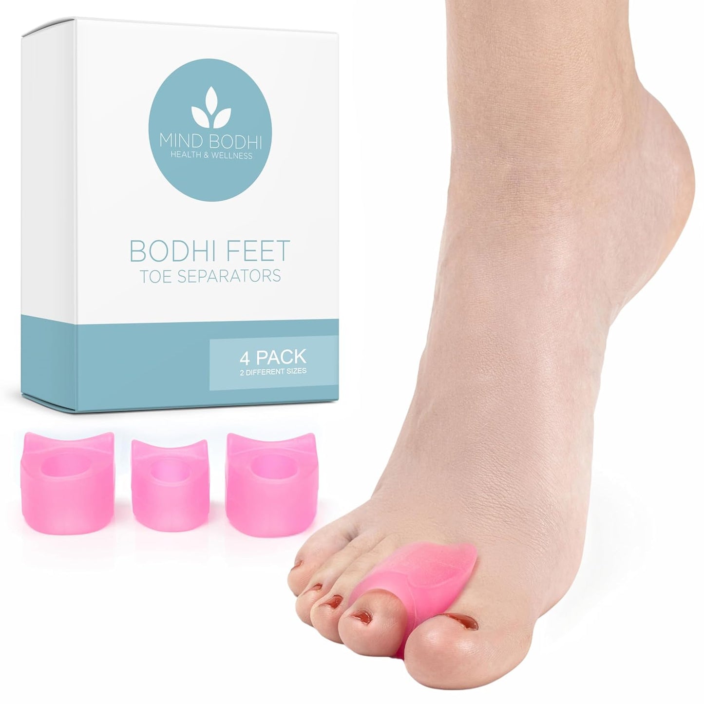 Mind Bodhi Single-Loop Toe Separators 4-Pack: Correcting Bunions and Restoring Toes to Their Original Shape - For Men and Women - Toe Spacers Bunion Corrector - Pink