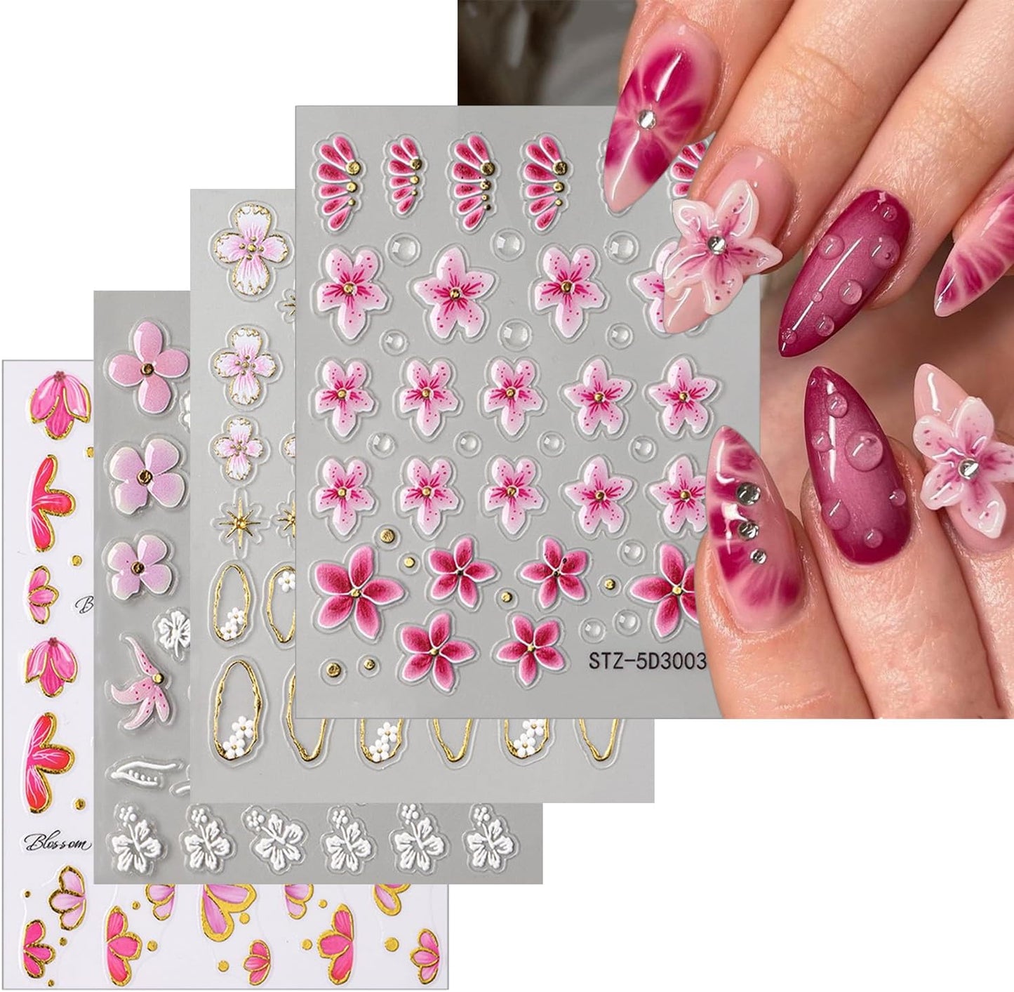 Stickers para Uñas Nail Stickers Self-Adhesive Sticker Gold Pink 3D Wild Flower Calcomanías para Uñas Gold Floral Art Design Accessories Hight Quality 4 Sheets
