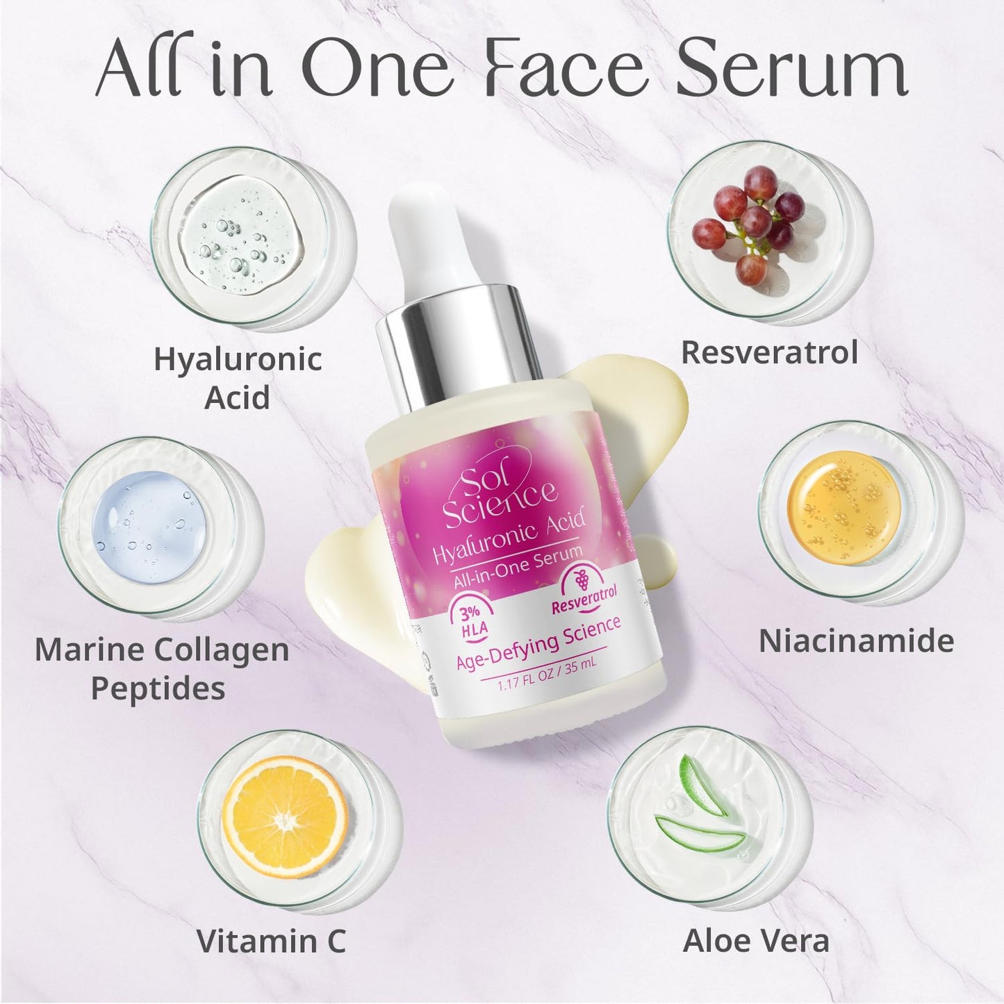 All In One Hyaluronic Acid Face Serum – Ultra Hydrating Anti Aging Serum with Vitamin C, Marine Collagen & Niacinamide for Brightening & Firm, Smooth Skin