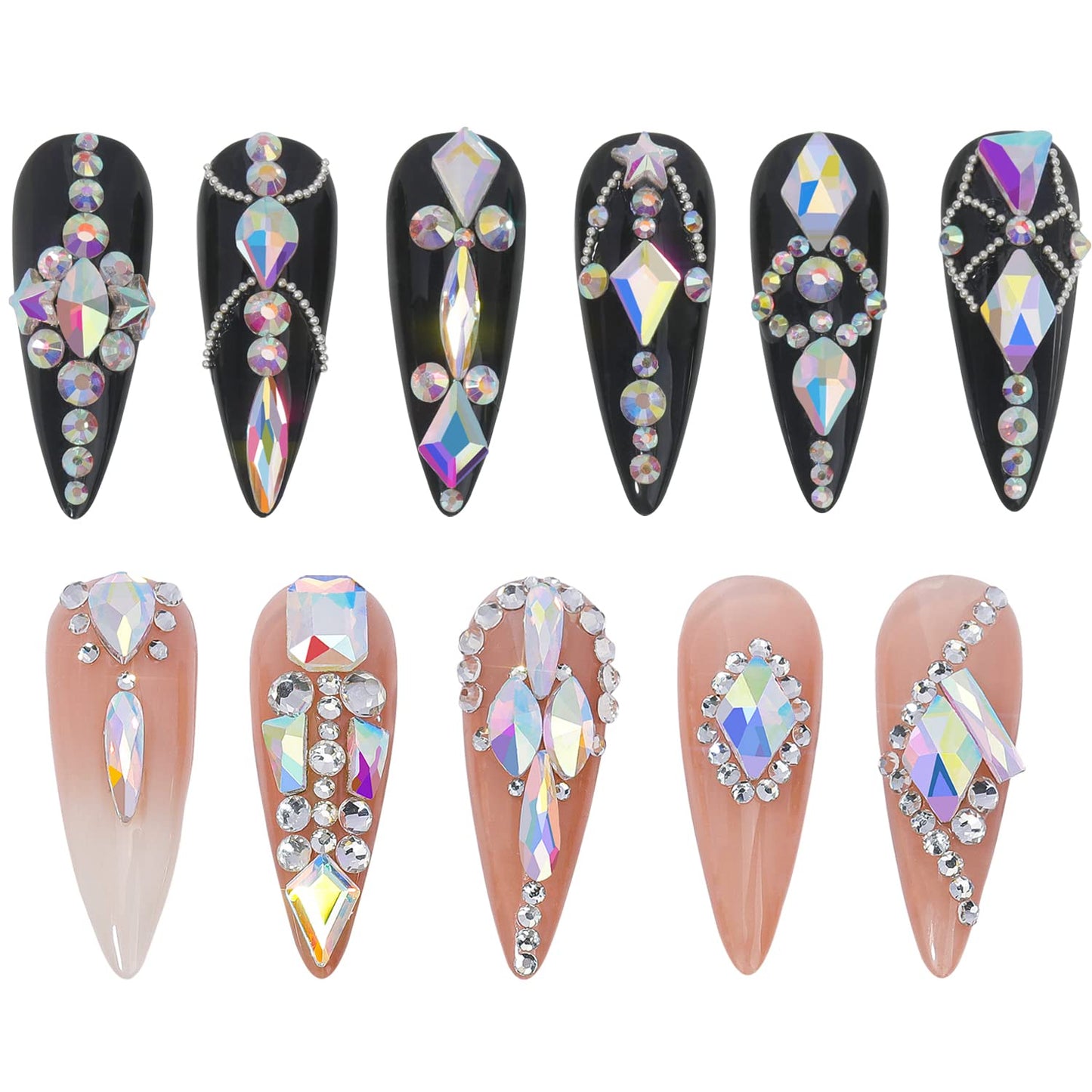 HNUIX Nail Rhinestones - 3D Multi Shape Size, AB Crystal Nail Gems and Charms, Flat Back, with Kit, for Nail Art, DIY Decorations