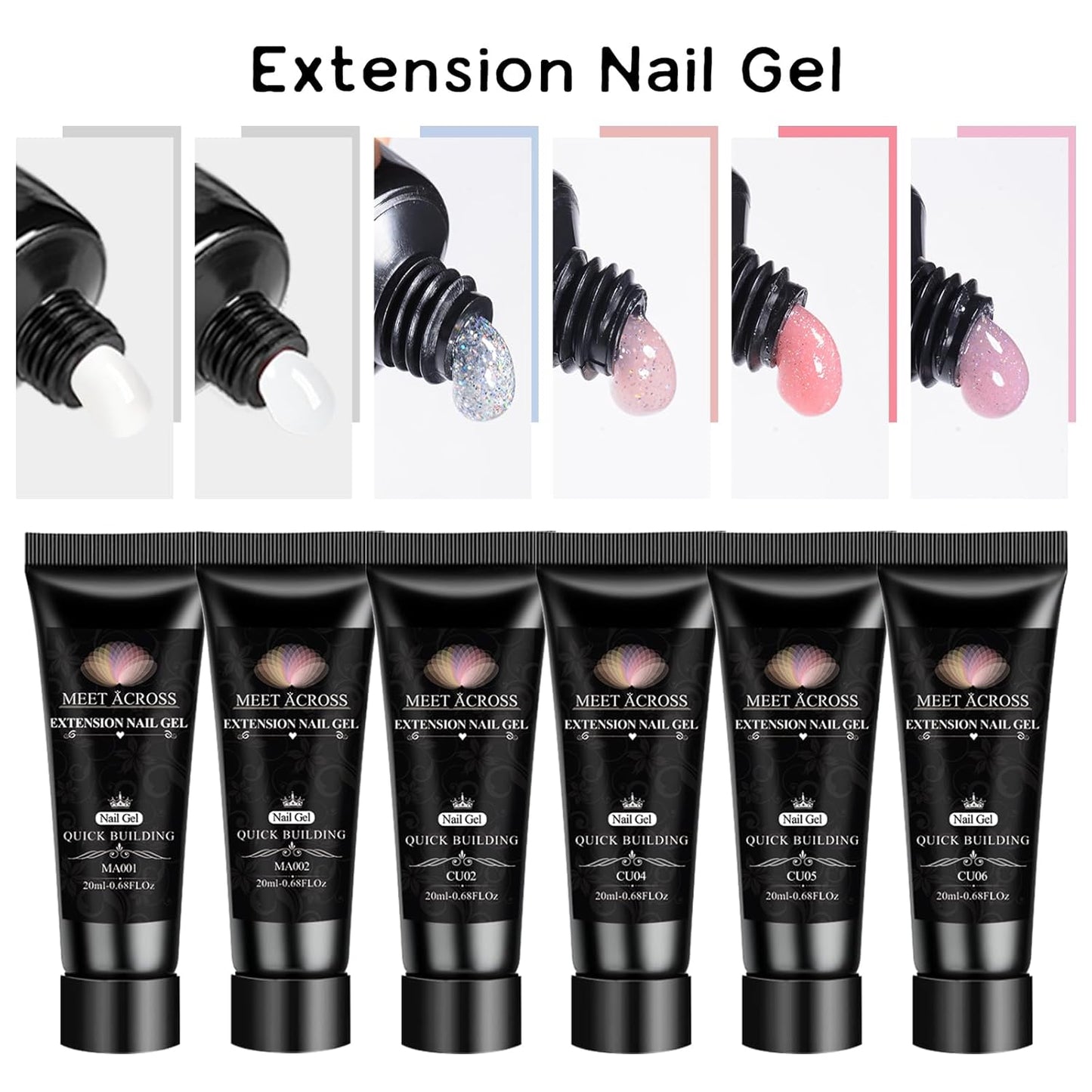 MEET ACROSS Poly Nail Gel Set - 6 Colors Glitter Extension Nails, Long Lasting, Shiny-looking, Strong Builder Enhancement for Salon Manicure DIY at Home 20ML Clear White Glitter Pink