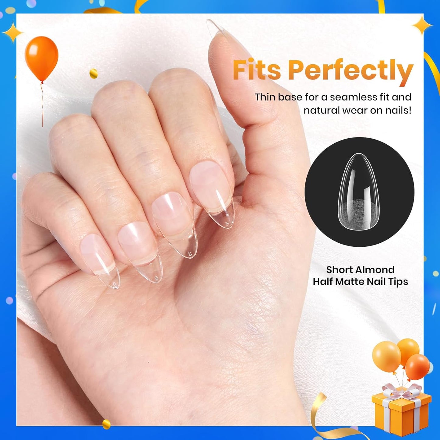 Beetles Short Almond Nail Tips: 12 Sizes 288 PCS Half Matte Full Cover Gel Tips Clear Acrylic Gel Nail Tips Almond Shape for DIY Extension