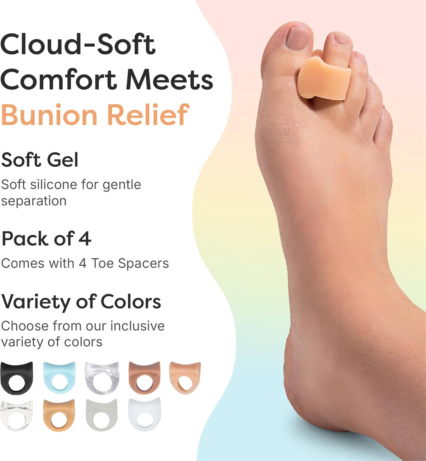 ZenToes Gel Toe Separators for Overlapping Toes, Bunions, Big Toe Alignment, Corrector and Spacer - 4 Pack (Beige)