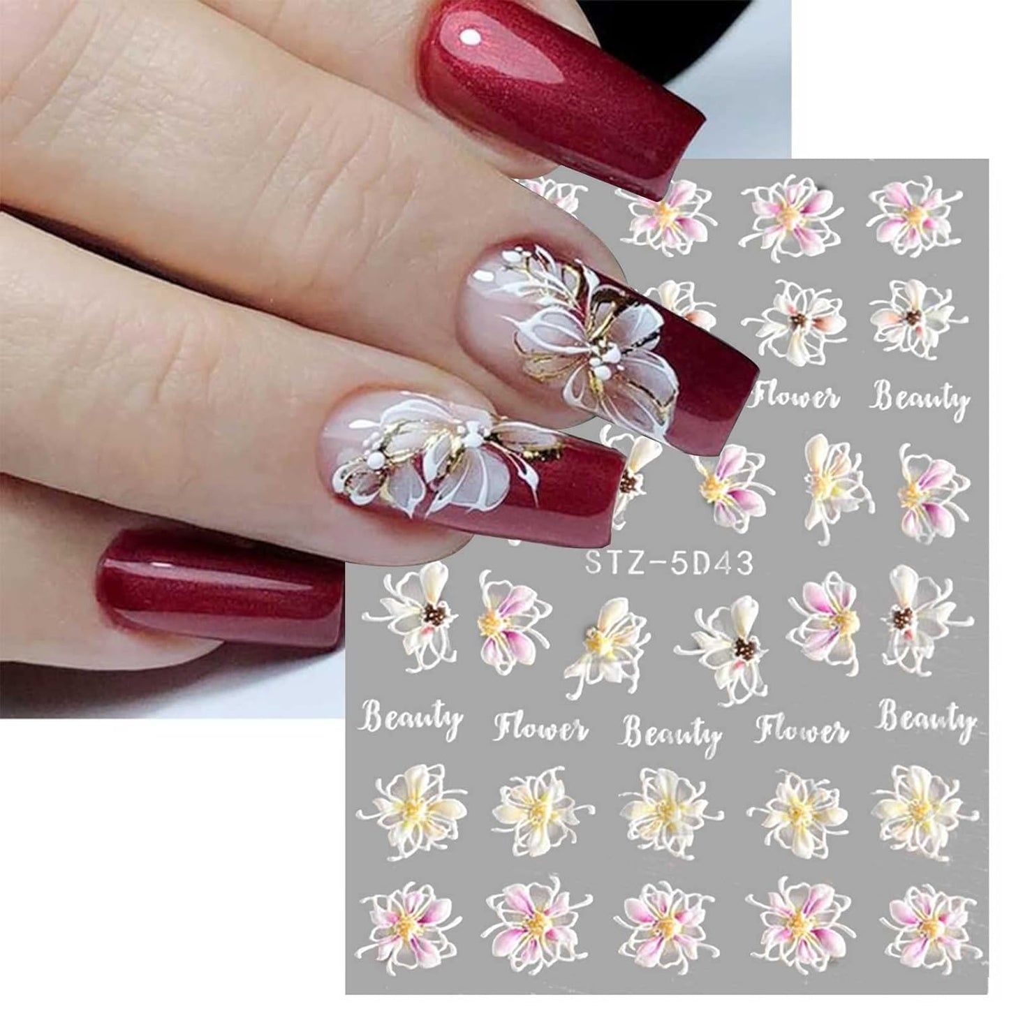 3D Embossed Flower Nail Art Stickers Decals Self-Adhesive Pegatinas Uñas 5D Floral Nail Supplies Nail Art Design Decoration Accessories 4 Sheets