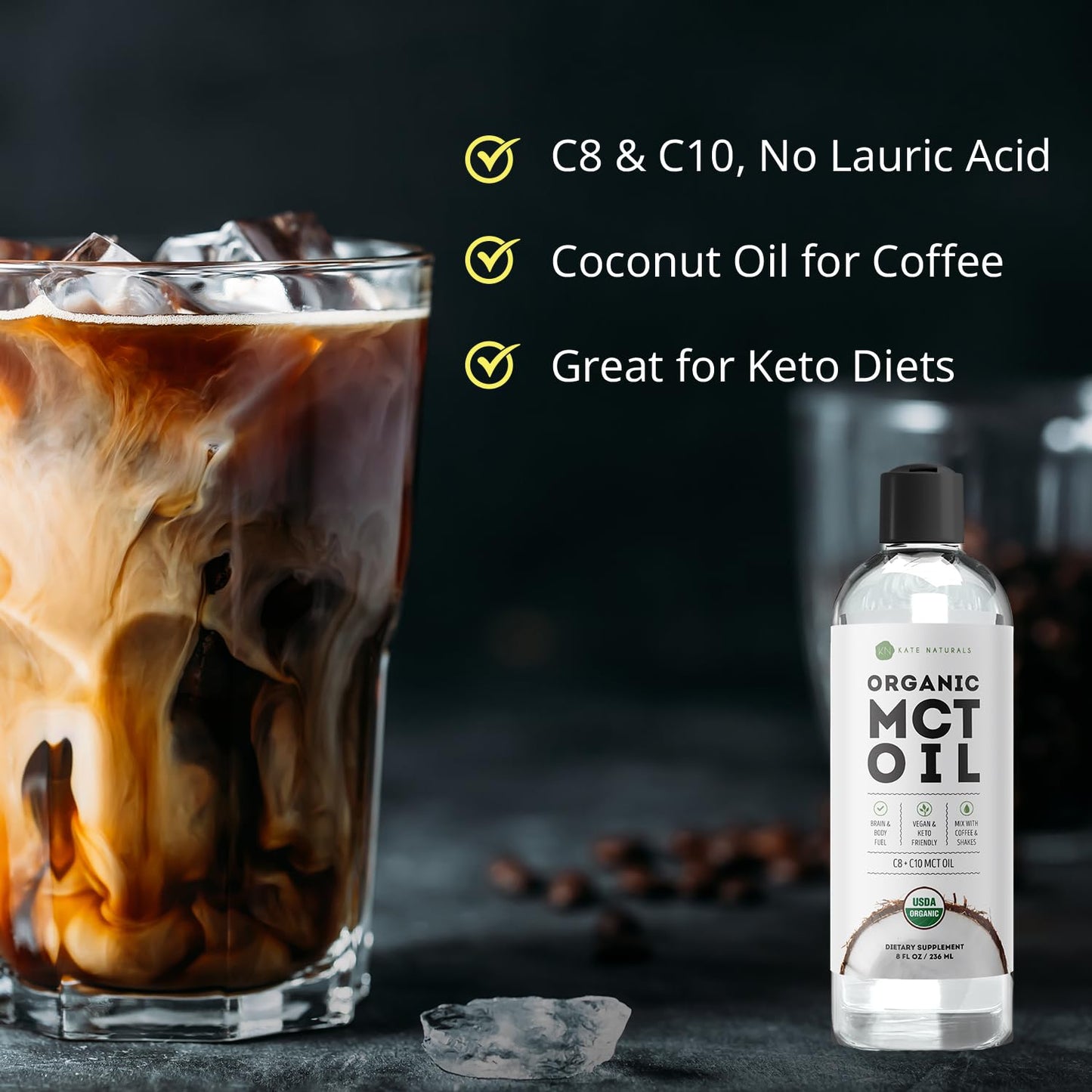 Kate Naturals MCT Oil for Coffee. Pure Coconut MCT C8 and C10 Oil (8oz, Organic, Unflavored)
