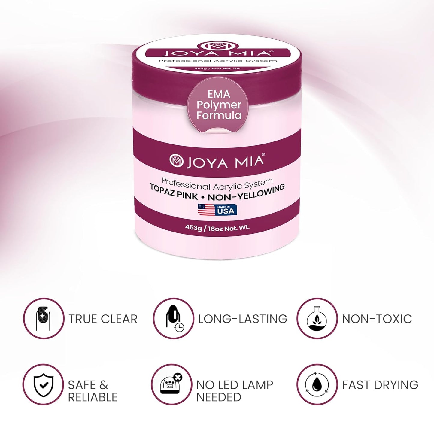 Joya Mia Acrylic Powder for Nails, MMA-Free, Super Adhesion Professional Powder for Flawless & Long-Lasting Nail Enhancements, Easy Application, Vibrant & Stunning Colors - Topaz Pink, 16 oz