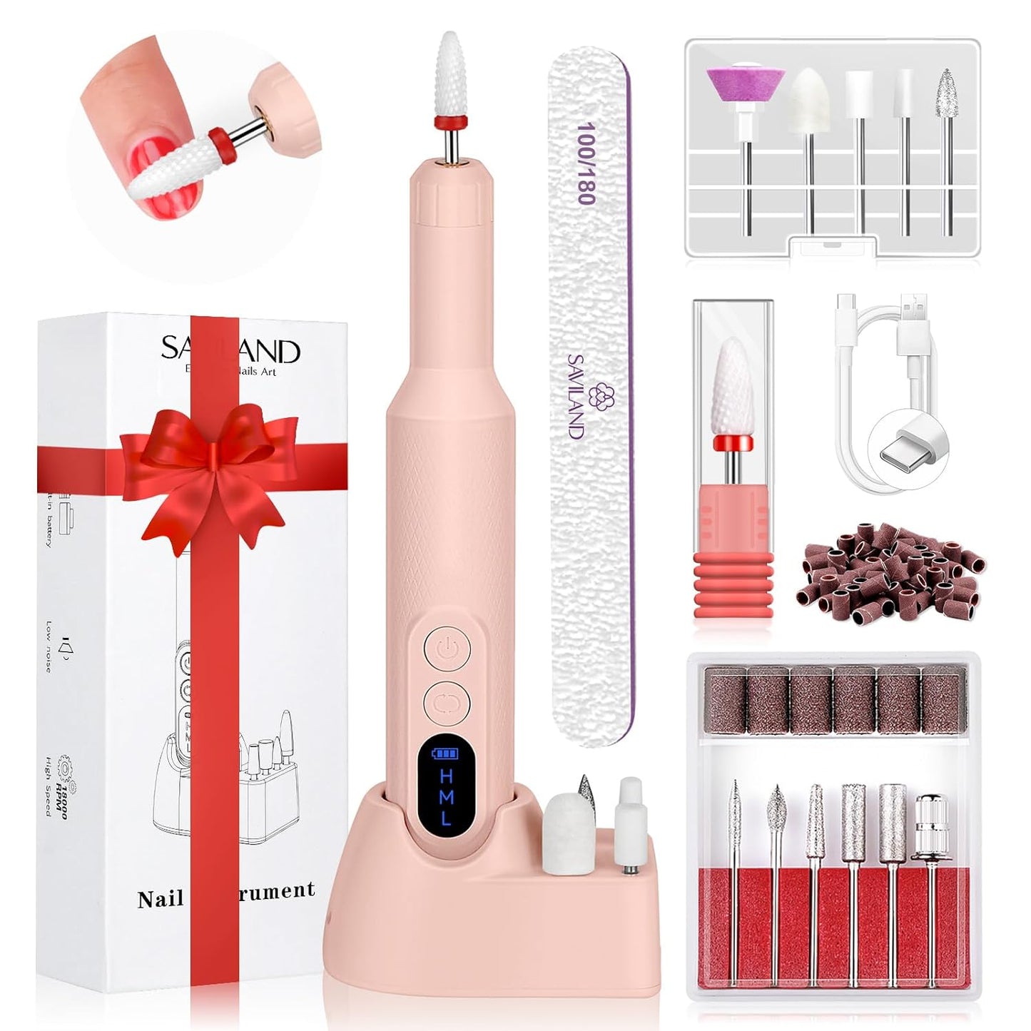 SAVILAND Professional Electric Nail Drill: 20000RPM Cordless Efile Nail Drill Pink Protable Nail File with Base for Nail Grinding & Polishing Gel Acrylic Nails Faster Remover Salon at Home