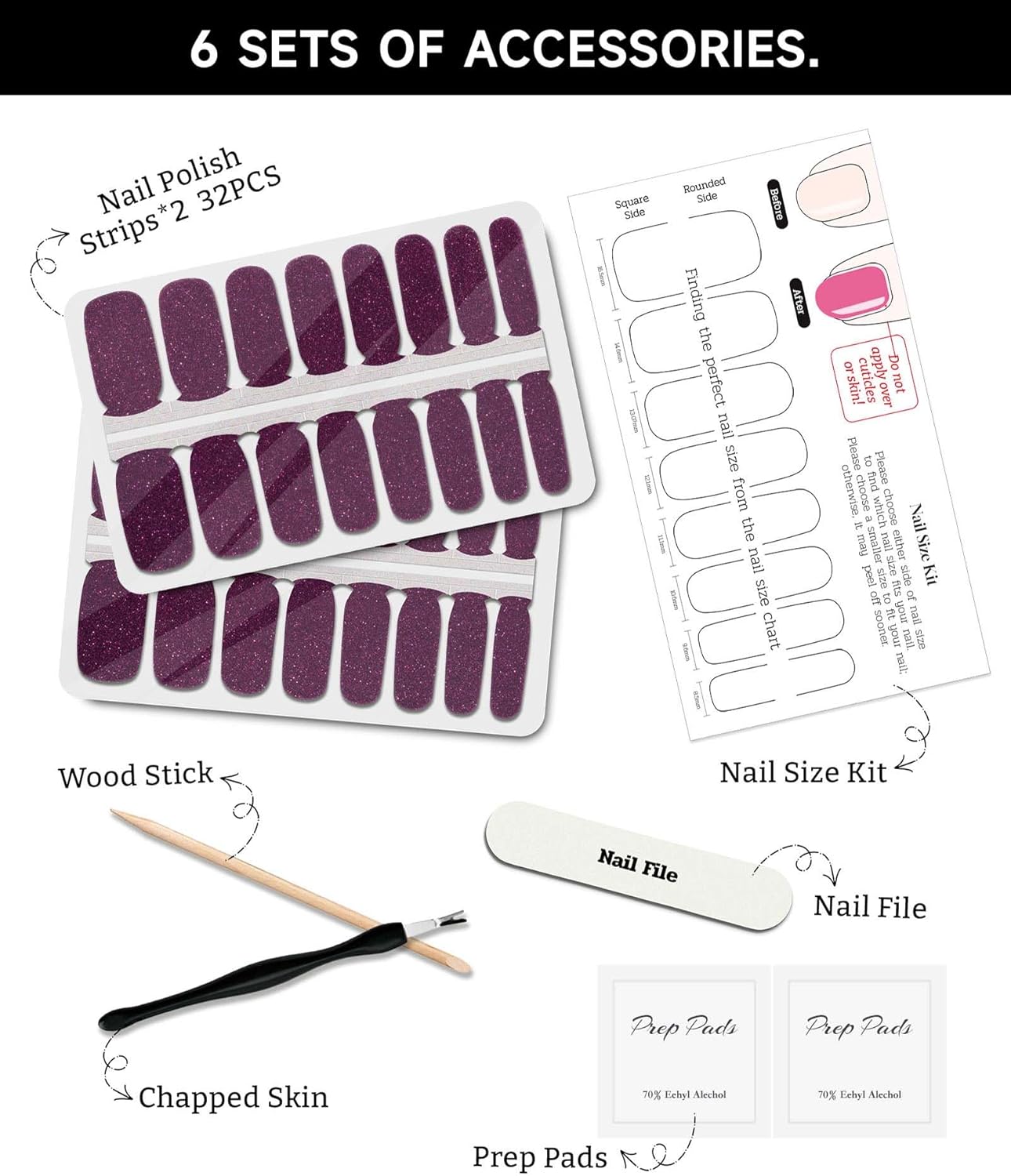 Glitter Nail Polish Strips, 32 Pcs Salon Quality Gel Nail Stickers, Long Lasting Wraps Easy to Use & Remove (Glitter Dark Magenta)