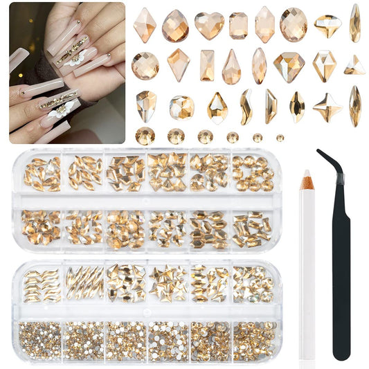 24 Styles Champagne Gold Nail Rhinestones Multi Shapes K9 Glass Flatback Crystals Gems Round Beads Stones Diamonds Jewels Nail Art Charms Supplies for Nails Face Eyes Makeup Crafts Clothes