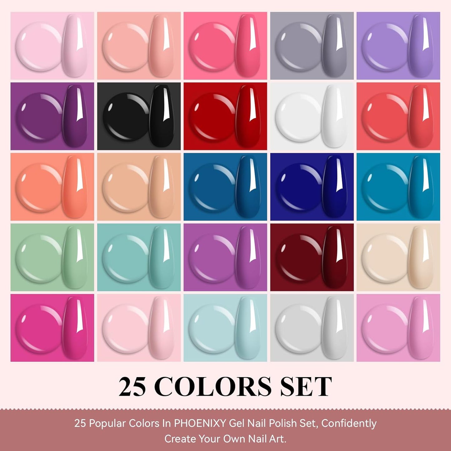 phoenixy Gel Nail Polish 25+5 PCS Gel Nail Polish Kit with Base Coat Glossy Matte Gold Glitter and Silver Glitter Top Coat Pink Red Green Starter Gift for Women