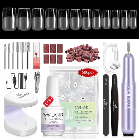 SAVILAND Gel Nail X Kit Short Square - Nail Drill Kit 500 PCS Natural False Nail Tips For Press On U V Nail Glue with Lamp Manicure Tools for Nail Extension Nail Art For Women At Home Nail Kit DIY