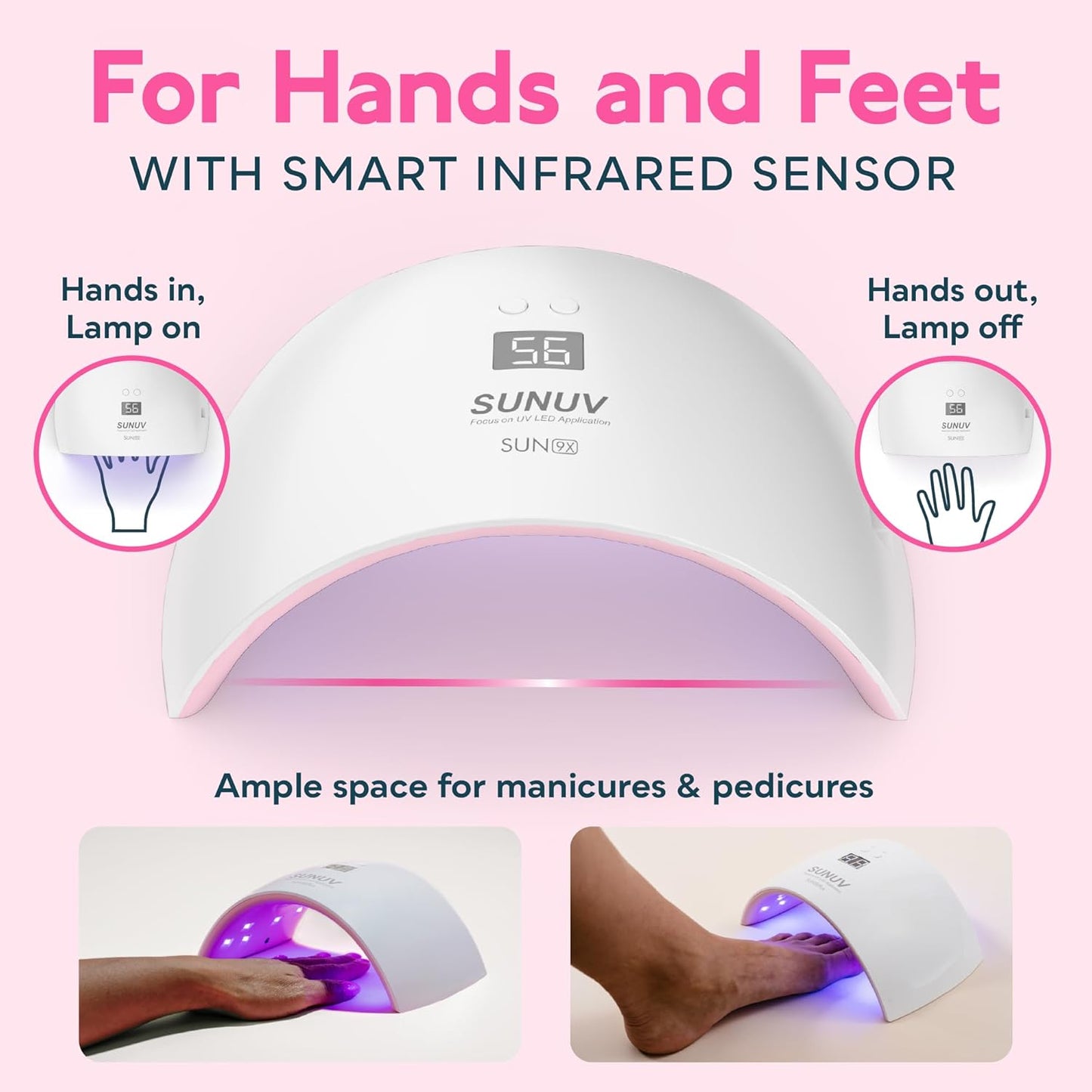 SUNUV UV Light for Nails, Dryer for Gel Polish with Sensor 2 Timers and Display SUN9X Plus UV Nail Lamp Pink
