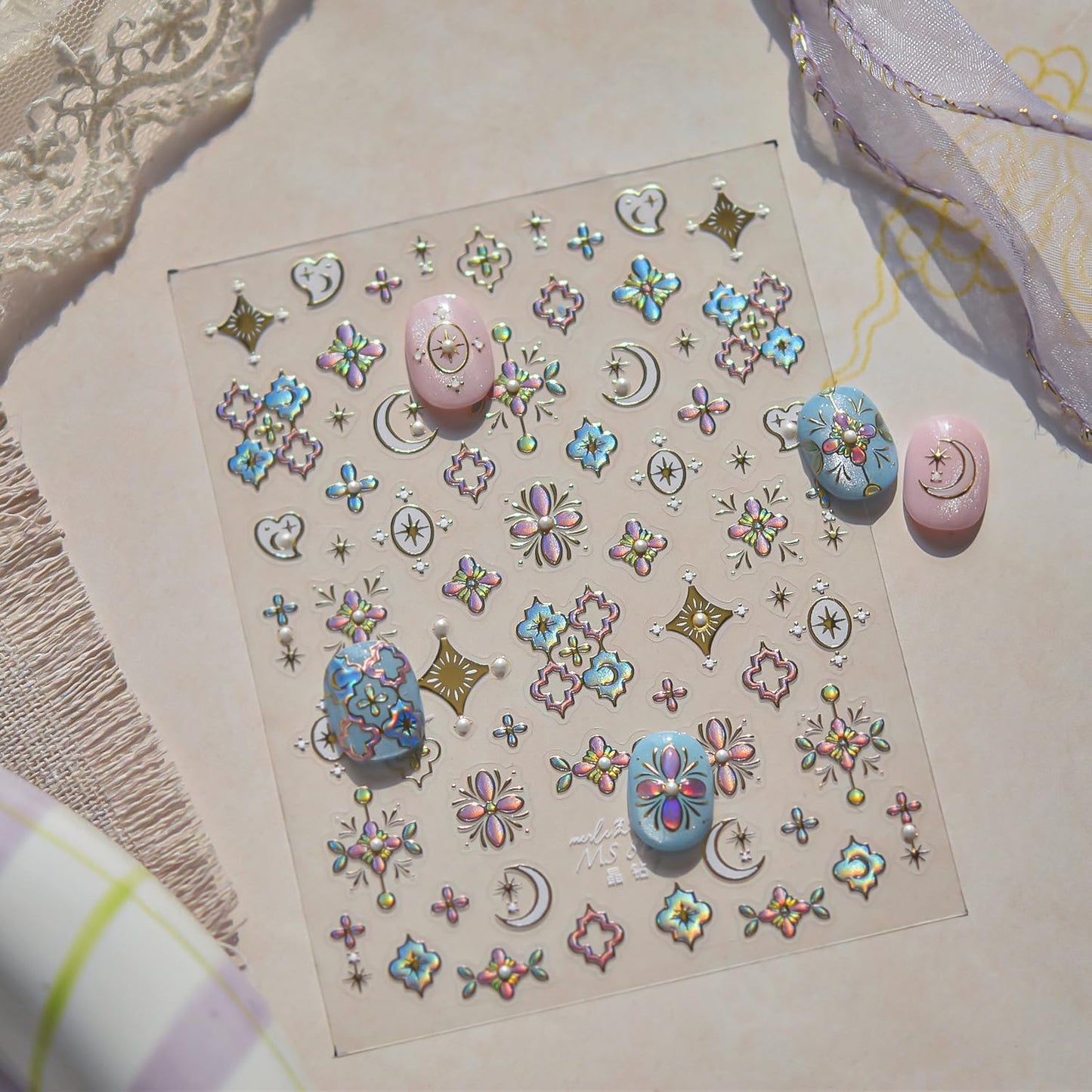 Gold Nail Art Stickers Floral Nail Decals Star Moon Nail Stickers 5D Embossed with Design Self Adhesive Nails Charms for Women Girls Kid Manicure DIY Decoration Accessories