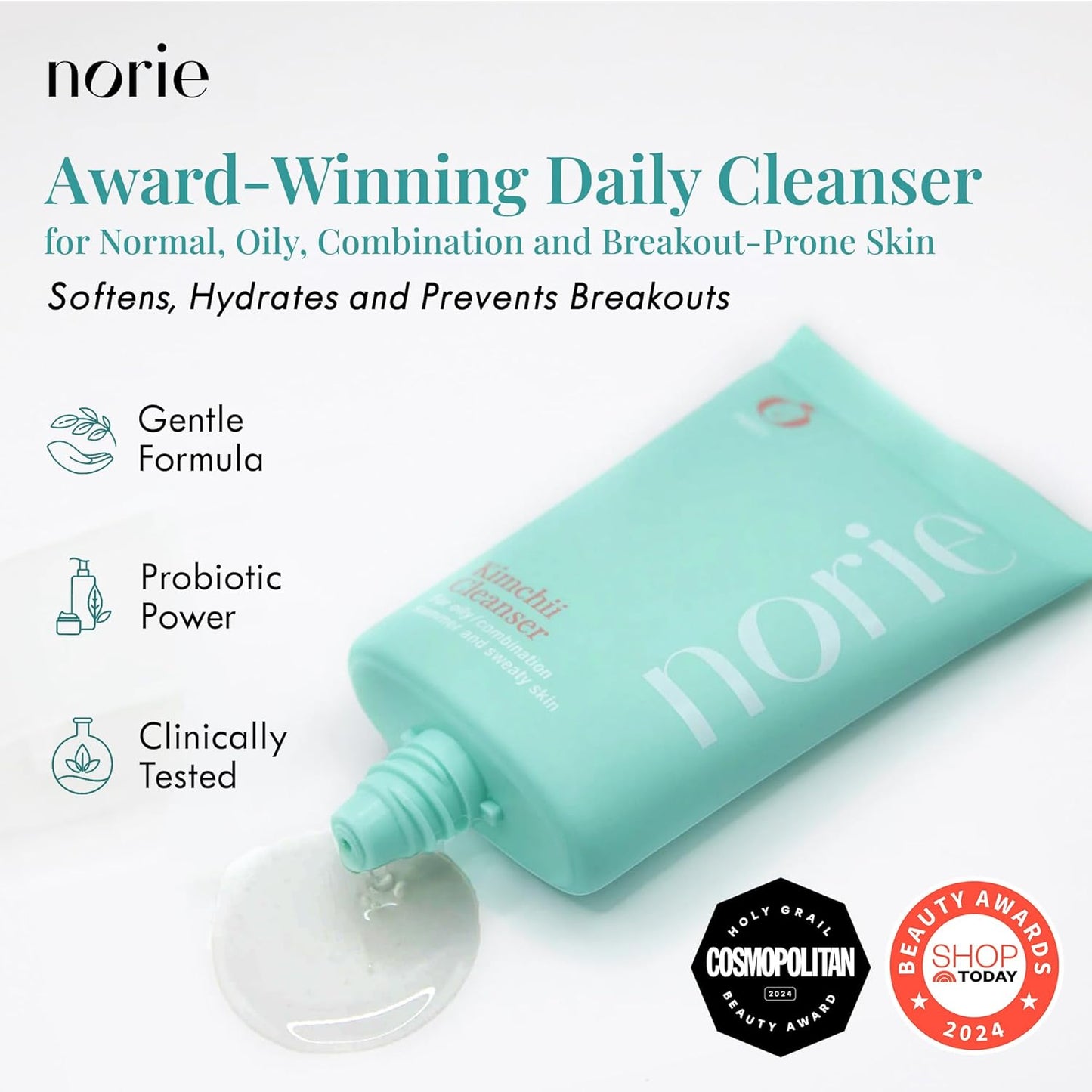 Norie Kimchii Face Wash - Gentle Facial Cleanser for Dry, Oily & Sensitive Skin | Fragrance Free Gel for Clearer Skin 2% Salicylic Acid, Vegan, Unscented 1.7oz