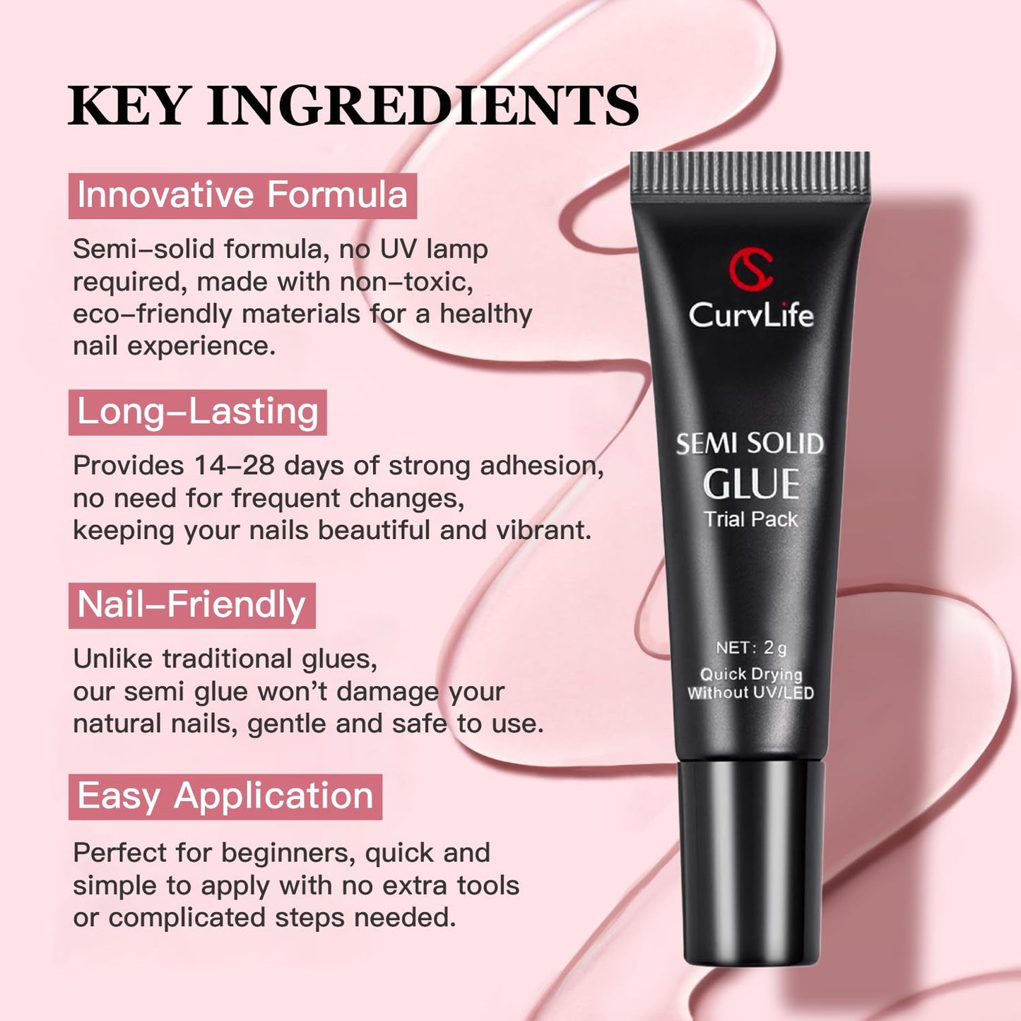 CurvLife Nail Tips Semi Solid Nail Glue 2g (5pcs) - Super Strong, Soft Glue Gel Quick Drying Adhesive for Press On Nails, No UV Light Needed